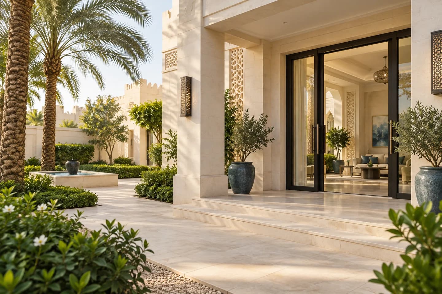 Illustrative view of a peaceful villa courtyard with palm trees